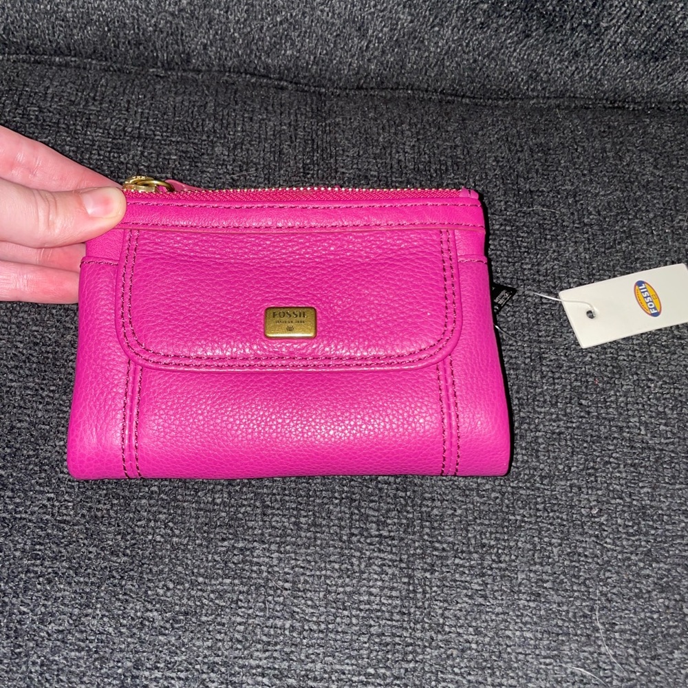 Fossil Accessories | Emma Fuschia Zip Top Tab Pebble Leather Wallet, Pink
